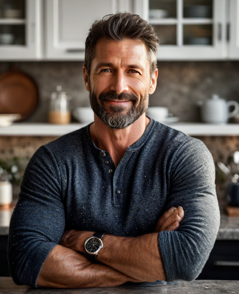Marcus in a dark henley, arms crossed, smiling in a kitchen